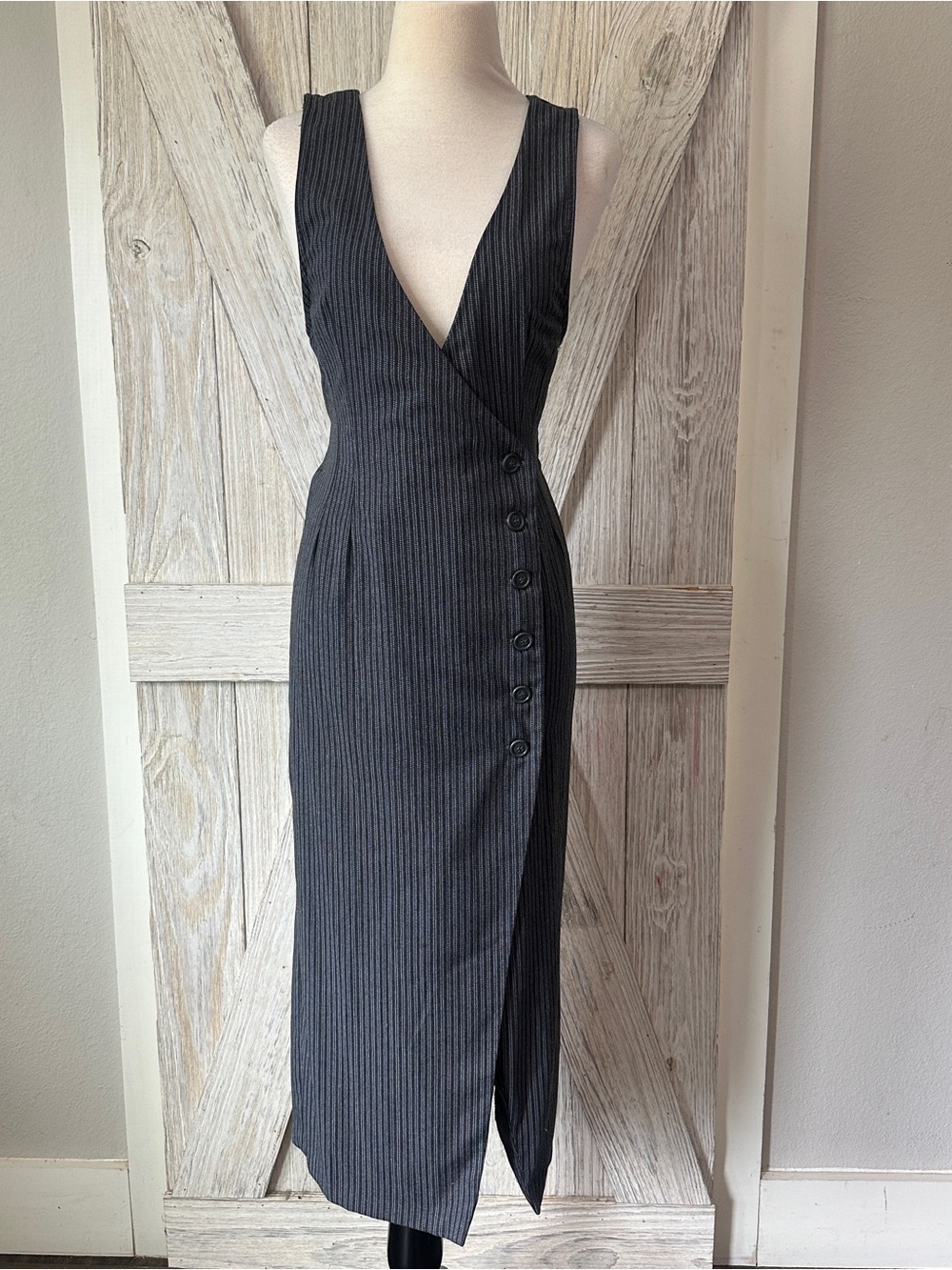 Vintage Pinstripe V-Neck Midi Dress